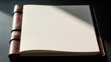 blank page in leather bound journal with soft lighting creates serene atmosphere photo