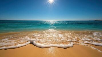 serene beach scene with golden sand and turquoise water under bright sun photo