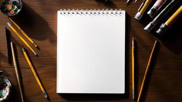 blank sketchbook on artist table surrounded by tools and colors photo