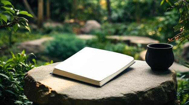 An open book and a cup of coffee on a stone bench in the garden photo