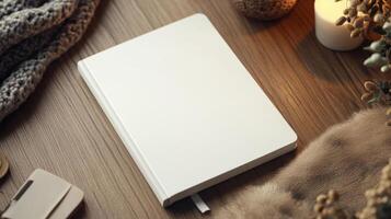 Blank notebook on wooden table with candles and other accessories photo