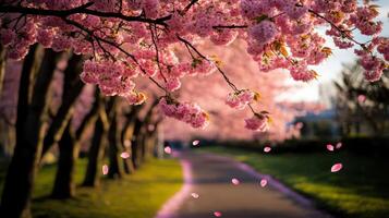 serene spring scene with blooming cherry blossoms lining path photo