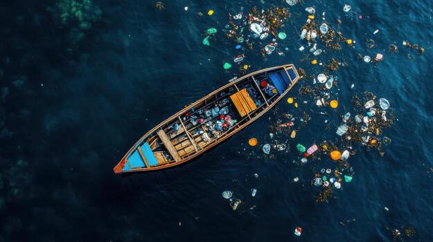 boat sailing through polluted waters, surrounded by debris and waste photo
