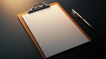 A clipboard with a blank sheet of paper and pen on a table photo