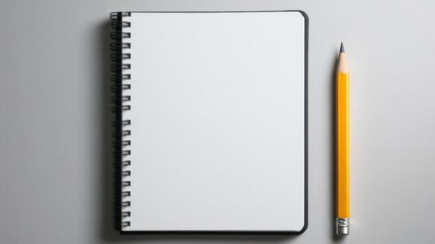 Blank notebook and pencil on grey background photo