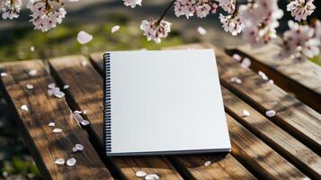 blank sketchbook on wooden picnic table surrounded by cherry blossoms photo