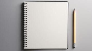 Blank notebook with pencil on grey background photo