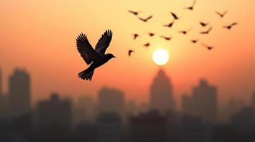 A bird flying over a city at sunset photo