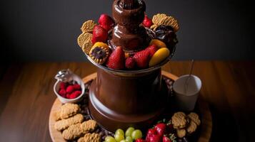 delicious chocolate fountain surrounded by fresh fruit and cookies photo