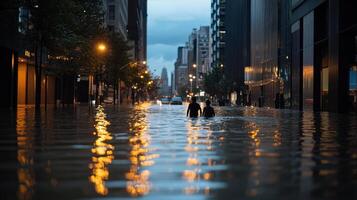 A man and woman walking through a flooded street photo