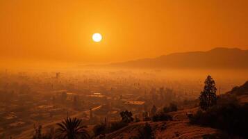 city skyline shrouded in smog during vibrant orange sunset, creating dramatic atmosphere photo
