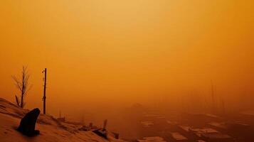 city covered in smog, polluted air, and orange tinted sky creates surreal atmosphere photo