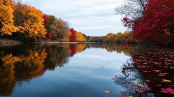 serene lake reflecting vibrant autumn foliage and colorful trees photo