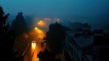 city covered in thick fog with low visibility and glowing streetlights photo
