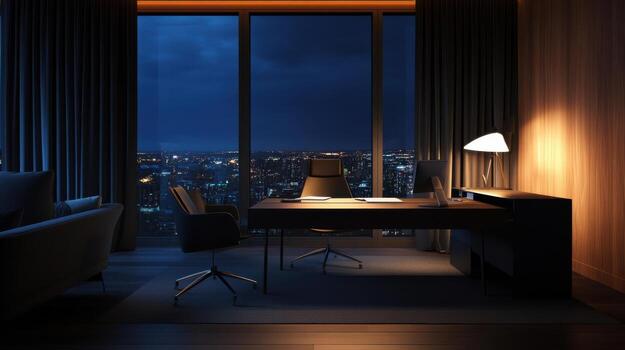 A desk and chair in front of a window with a city view photo