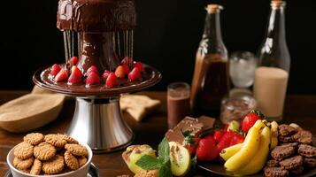 chocolate fountain with fresh fruit, cookies, and chocolate treats for dipping photo