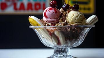 classic banana split with three scoops of ice cream, topped with cherries and nuts photo