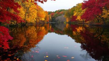 calm lake surrounded by vibrant autumn trees reflecting on water photo