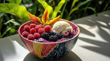 colorful acai bowl topped with ice cream and fresh berries, surrounded by greenery photo