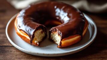 A chocolate glazed donut on a plate with a bite taken out of it photo