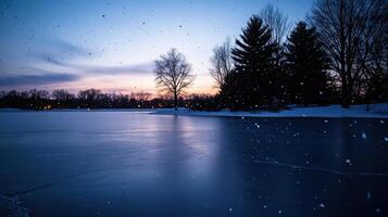 serene winter evening with snow gently falling on frozen lake photo