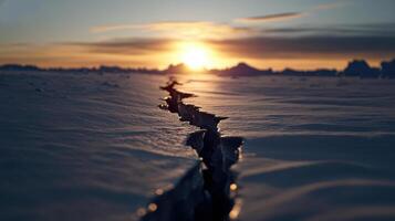 close up view of cracks in polar ice with sunset backdrop, showcasing nature beauty photo