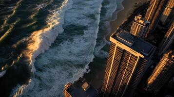 An aerial view of a beach and high rise buildings photo