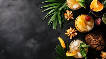 Tropical cocktails with fruit garnishes and palm leaves on dark background photo