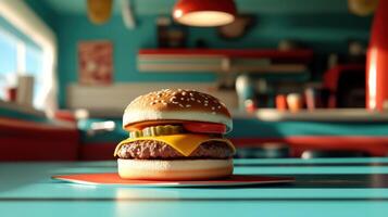 classic hamburger with soft toasted bun, fresh ingredients, and vibrant colors photo
