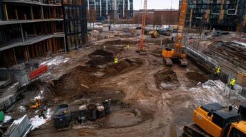 Construction site with heavy machinery and workers in muddy area photo