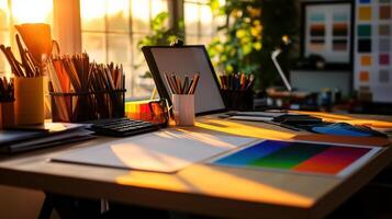 creative design studio with warm afternoon light illuminating workspace photo