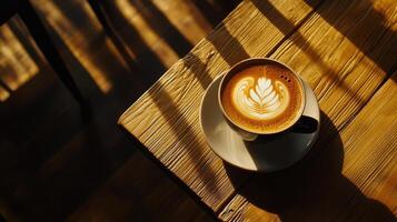 cozy coffee shop table with latte art design in warm sunlight photo