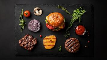 delicious deconstructed burger with fresh ingredients and condiments photo