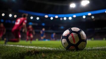 corner kick in progress with soccer ball curving on field photo