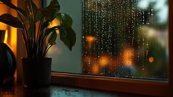 A potted plant sits on a window sill with raindrops on it photo
