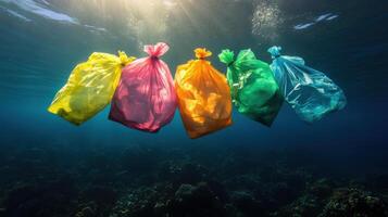 Colorful plastic bags floating underwater, highlighting ocean pollution photo