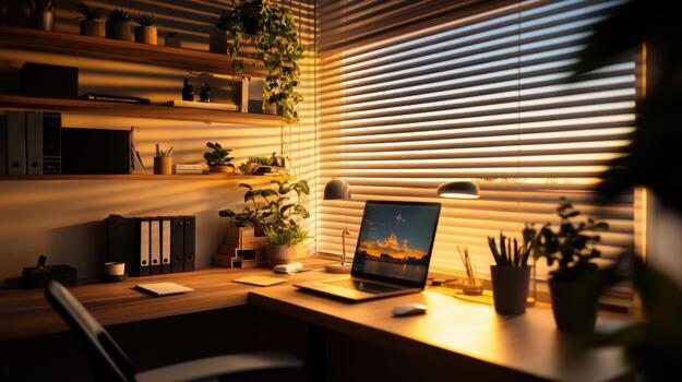 A desk with a laptop and a chair in front of a window photo