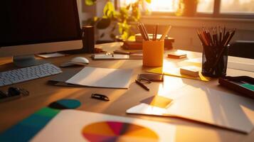 creative design studio workspace with warm afternoon light photo