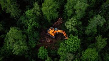 massive bulldozer clearing trees in dense forest, creating path photo
