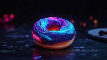 A colorful doughnut with a blue and purple swirl photo