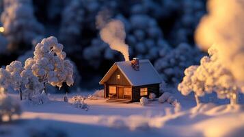 A small cabin in the snow with a chimney photo