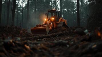 massive bulldozer clearing trees in forest, creating path photo