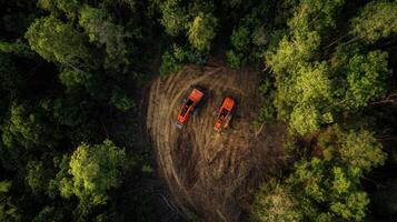 Deforestation area with machines clearing trees in green forest photo