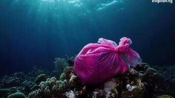 plastic bag polluting vibrant coral reef underwater, highlighting environmental issues photo