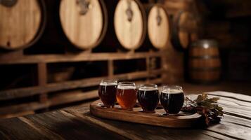 Craft brewery with wooden barrels and flight of beer glasses photo