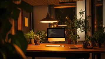 A computer is sitting on a desk in front of a window photo