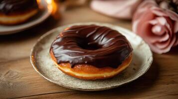 A chocolate glazed doughnut on a plate photo