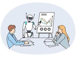Artificial intelligence robot speaks to people in corporate boardroom to discuss company plans vector