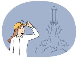 Woman engineer stands near taking off space rocket and watches successful takeoff of shuttle vector