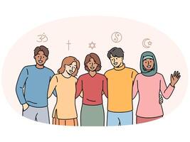 People different religions hug, feeling unity and absence of disagreements due to differences faiths vector
